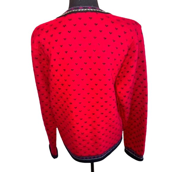 Vintage Tally H0 100% Boiled Wool Button Chunky Knit Cardigan Sweater Red Floral - Picture 2 of 12